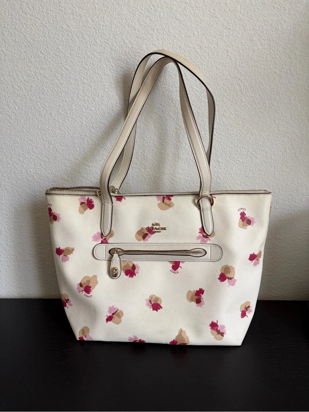 Coach Cream Tote with Pink and Tan Floral Accents